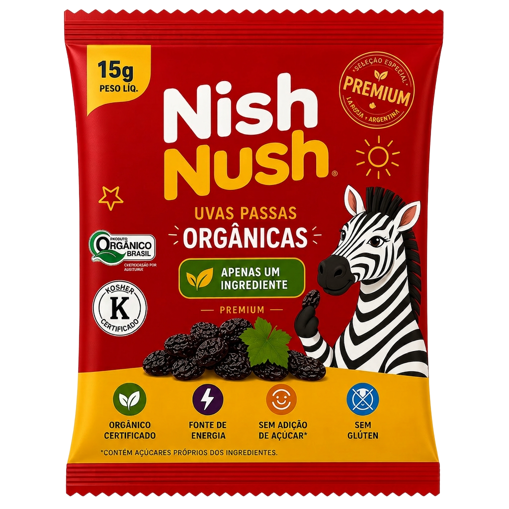 Embalagem NishNush — uvas passas pretas orgânicas 15g