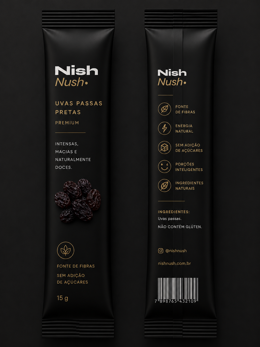 Embalagem stick NishNush preto fosco com wordmark dourado